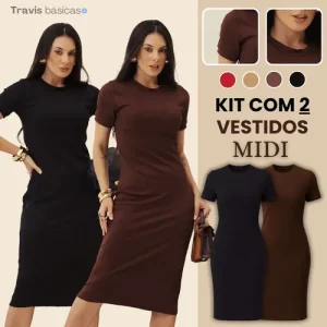 D Nq Np 649568 Mlb94258538628 102025 O Kit 2 Vestido Midi Feminino Canelado Slim Casual Dia A Dia