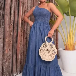 D Nq Np 732546 Mlb75193392448 032024 O Vestido Jeans Feminino Longo Rodado Manga Unica Com Lastex