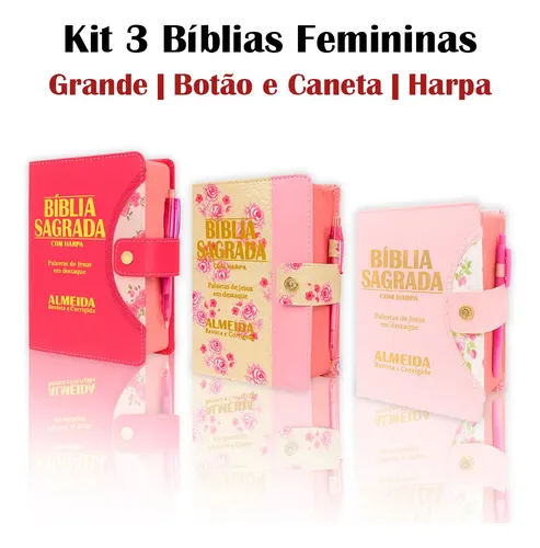D Nq Np 830020 Mlb111696973393 052026 O Kit 3 Biblias Letra Grande Feminina Com Harpa Botao E Caneta Edicao De Promessas