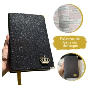 D Nq Np 989107 Mlb77992742572 082024 O Biblia Sagrada Preta Luxo Glitter Brilho Letras Medias Folha Ecologica E Indice