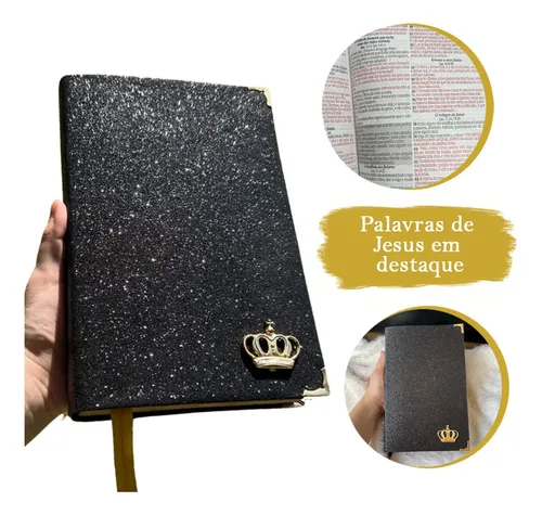 D Nq Np 989107 Mlb77992742572 082024 O Biblia Sagrada Preta Luxo Glitter Brilho Letras Medias Folha Ecologica E Indice